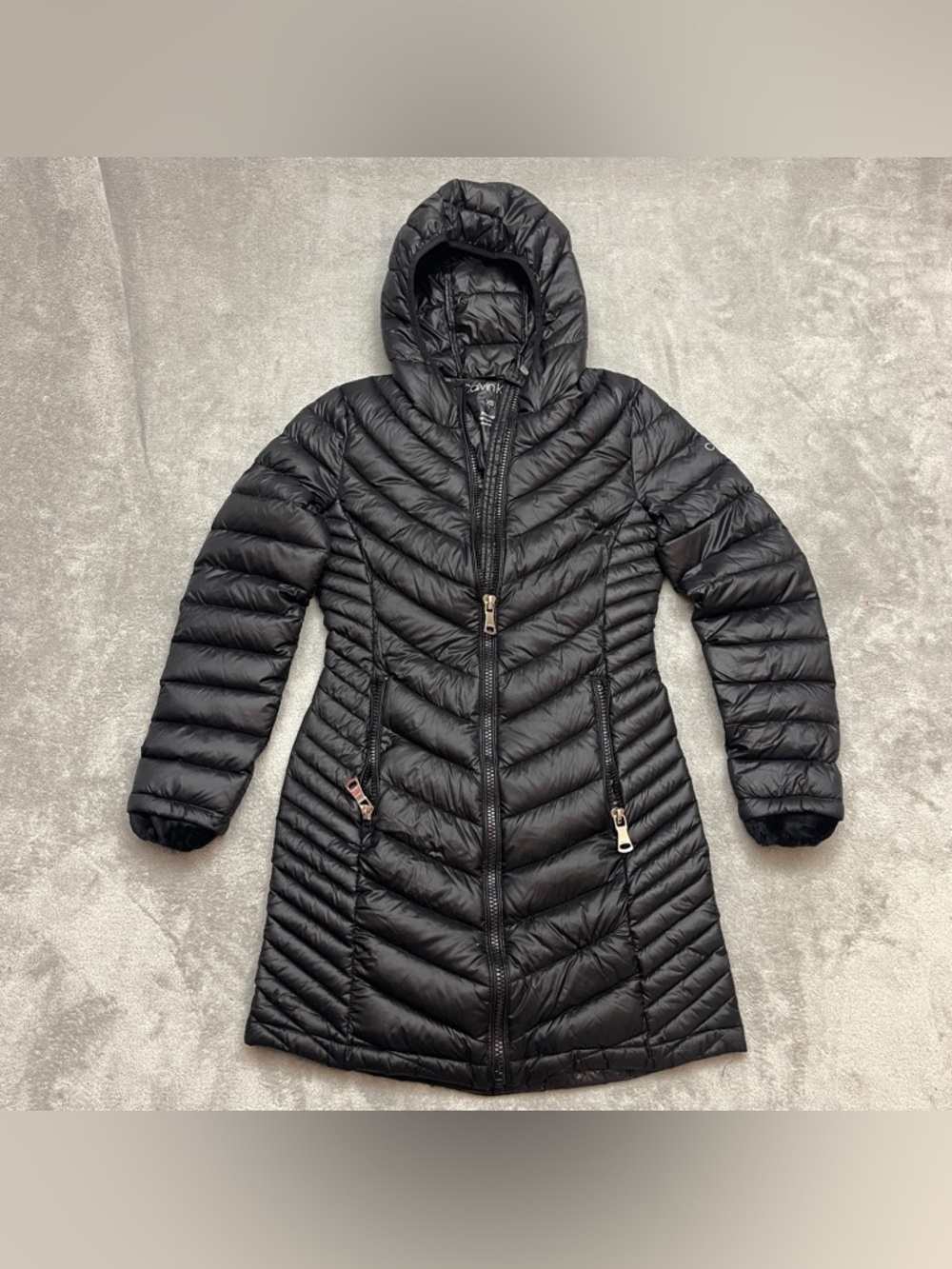 Calvin Klein Black Down Packable Puffer Coat with Hood, Premium Down, Sz XS